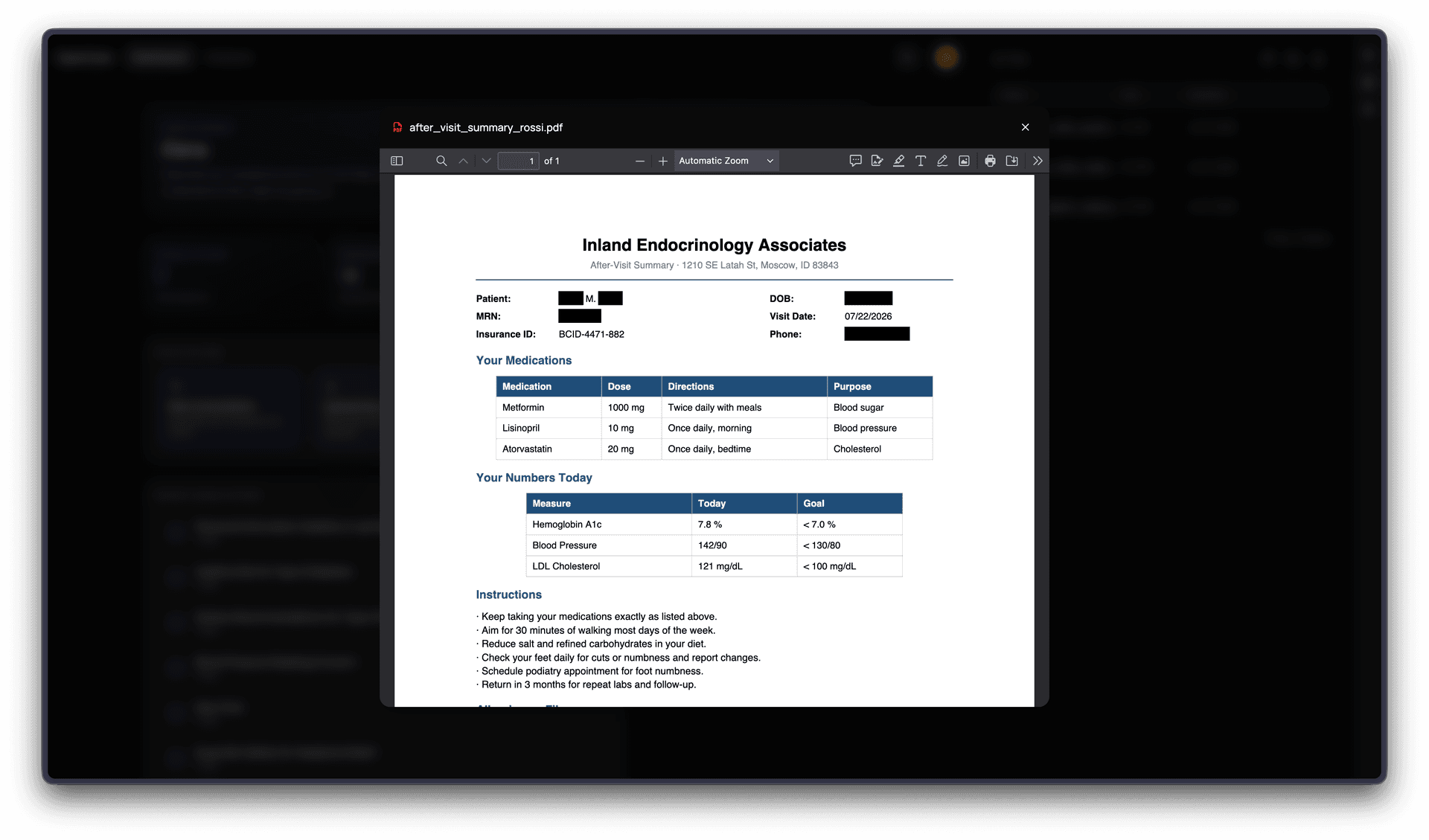 PDF viewer with redacted personal information
