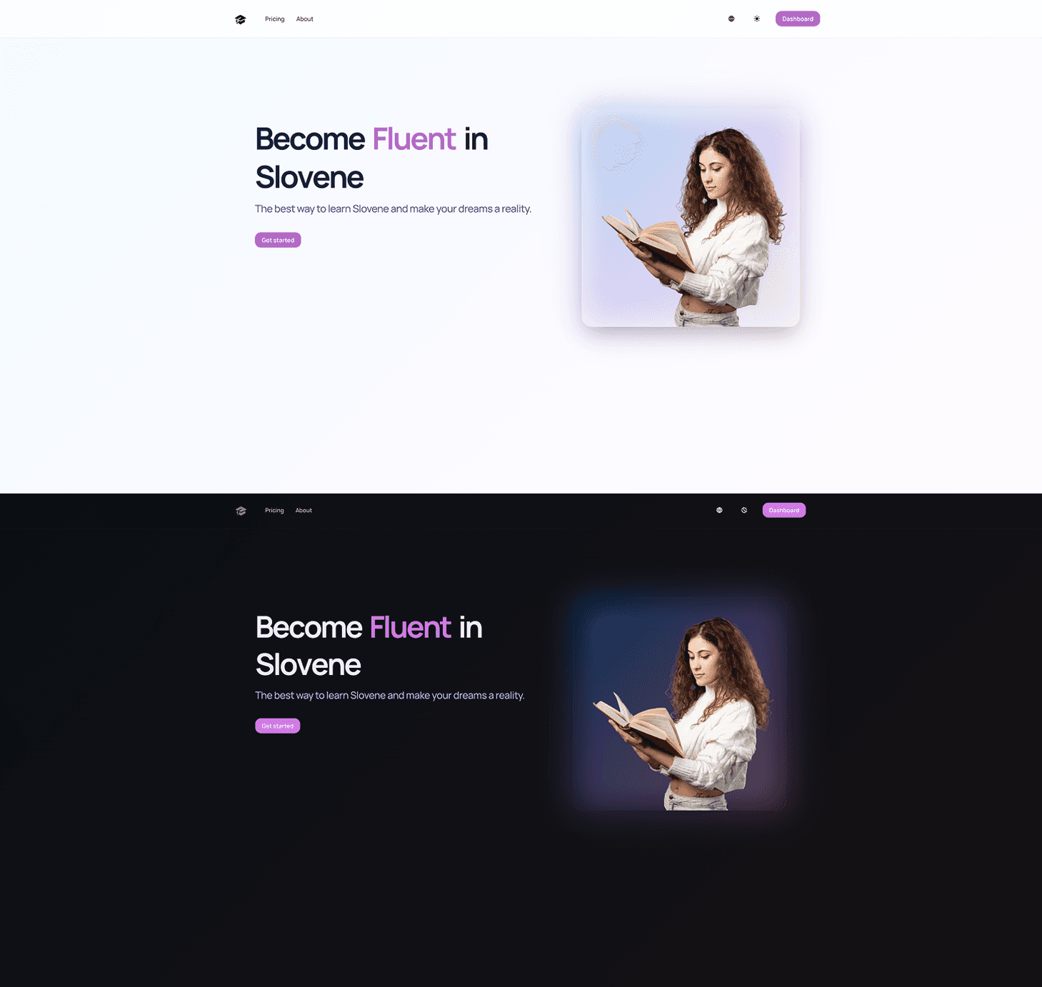 Photo of a landing page in light and dark theme