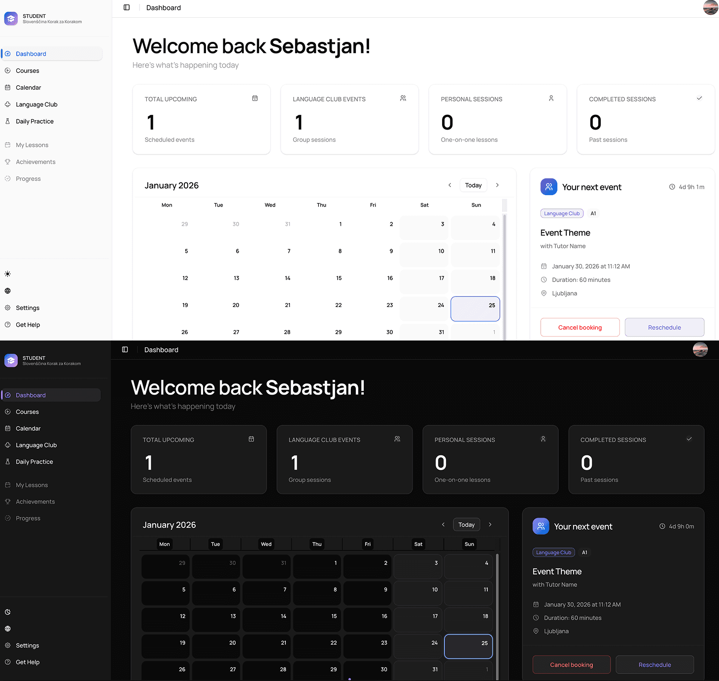 Photo of a user dashboard in light and dark theme